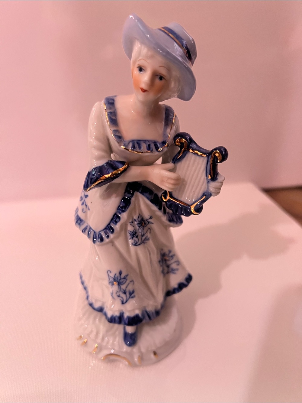 Vintage Hand-Painted Porcelain Figurine Woman with Lyre in White and Blue